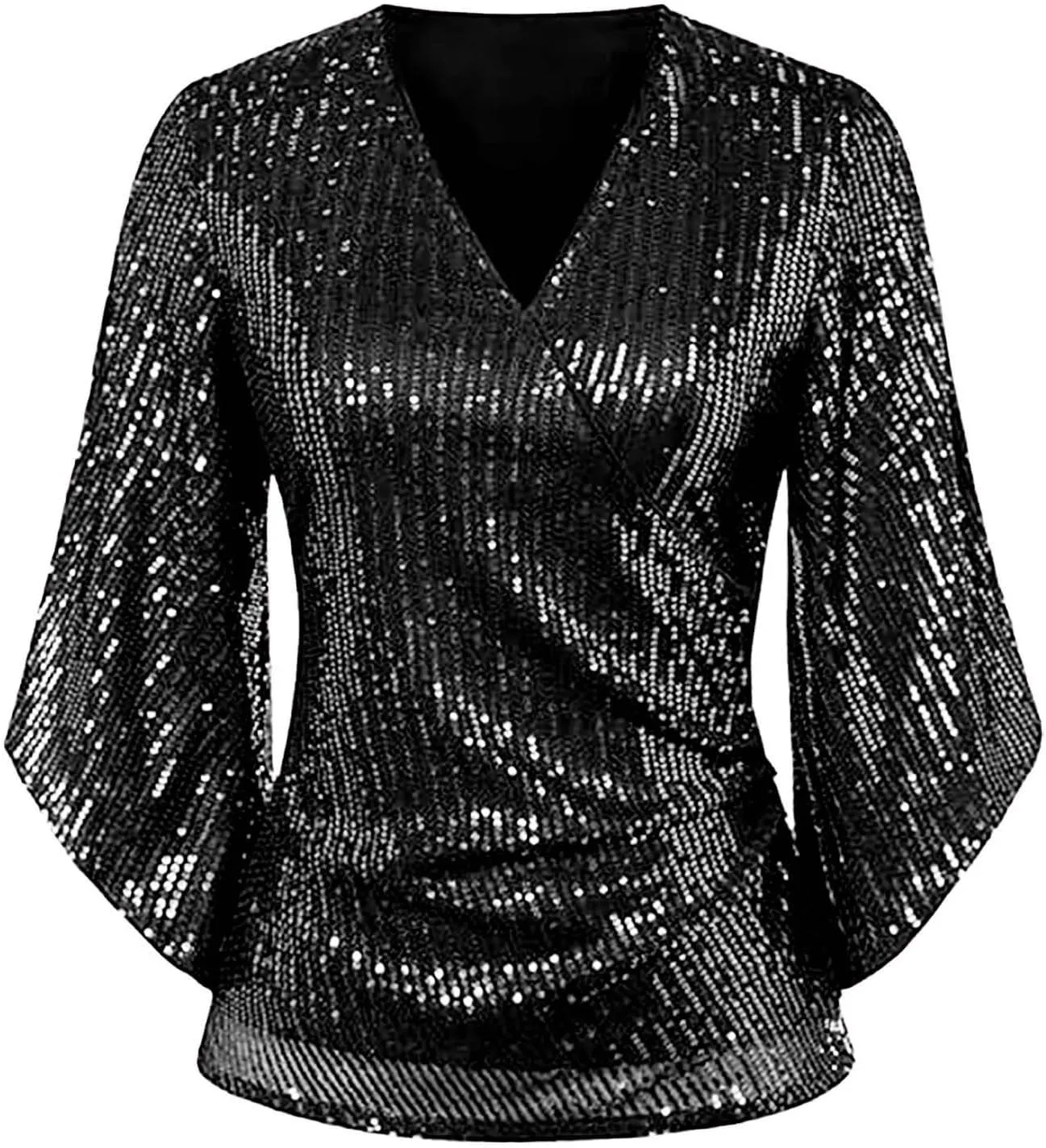 Miyaomn Women's Sequin Tops 3/4 Bell Sleeve Glitter Sparkly Party Blouse Ladies Elegant V-Neck Dressy Shirt for Evening Party