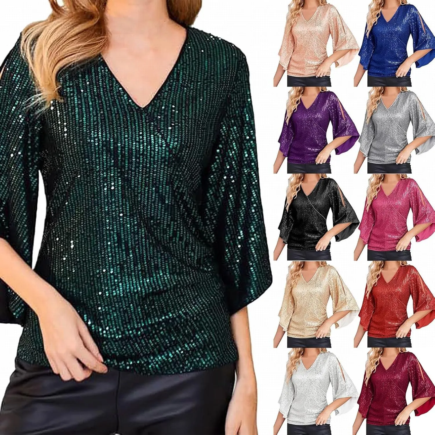 Miyaomn Women's Sequin Tops 3/4 Bell Sleeve Glitter Sparkly Party Blouse Ladies Elegant V-Neck Dressy Shirt for Evening Party