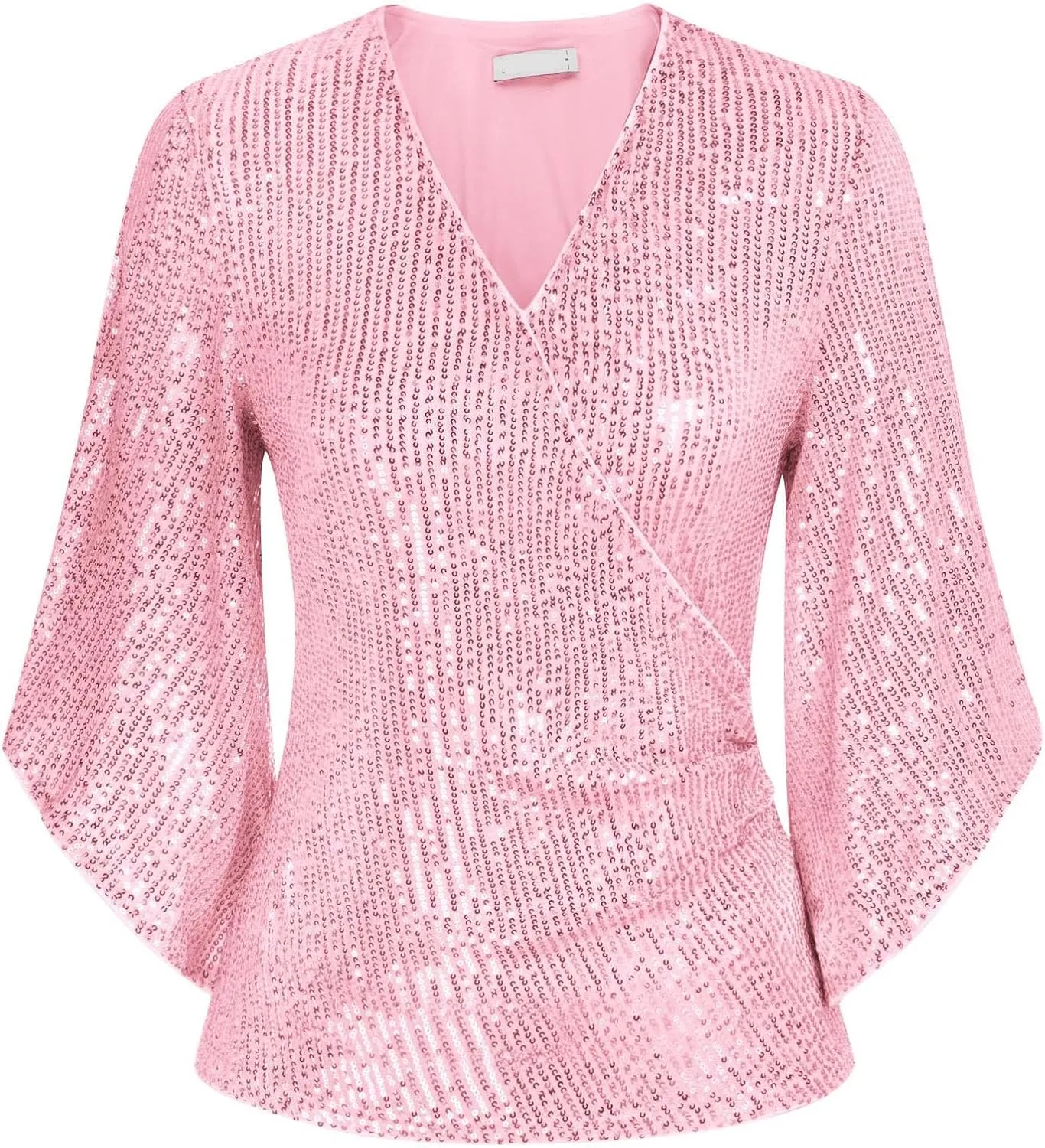 Miyaomn Women's Sequin Tops 3/4 Bell Sleeve Glitter Sparkly Party Blouse Ladies Elegant V-Neck Dressy Shirt for Evening Party