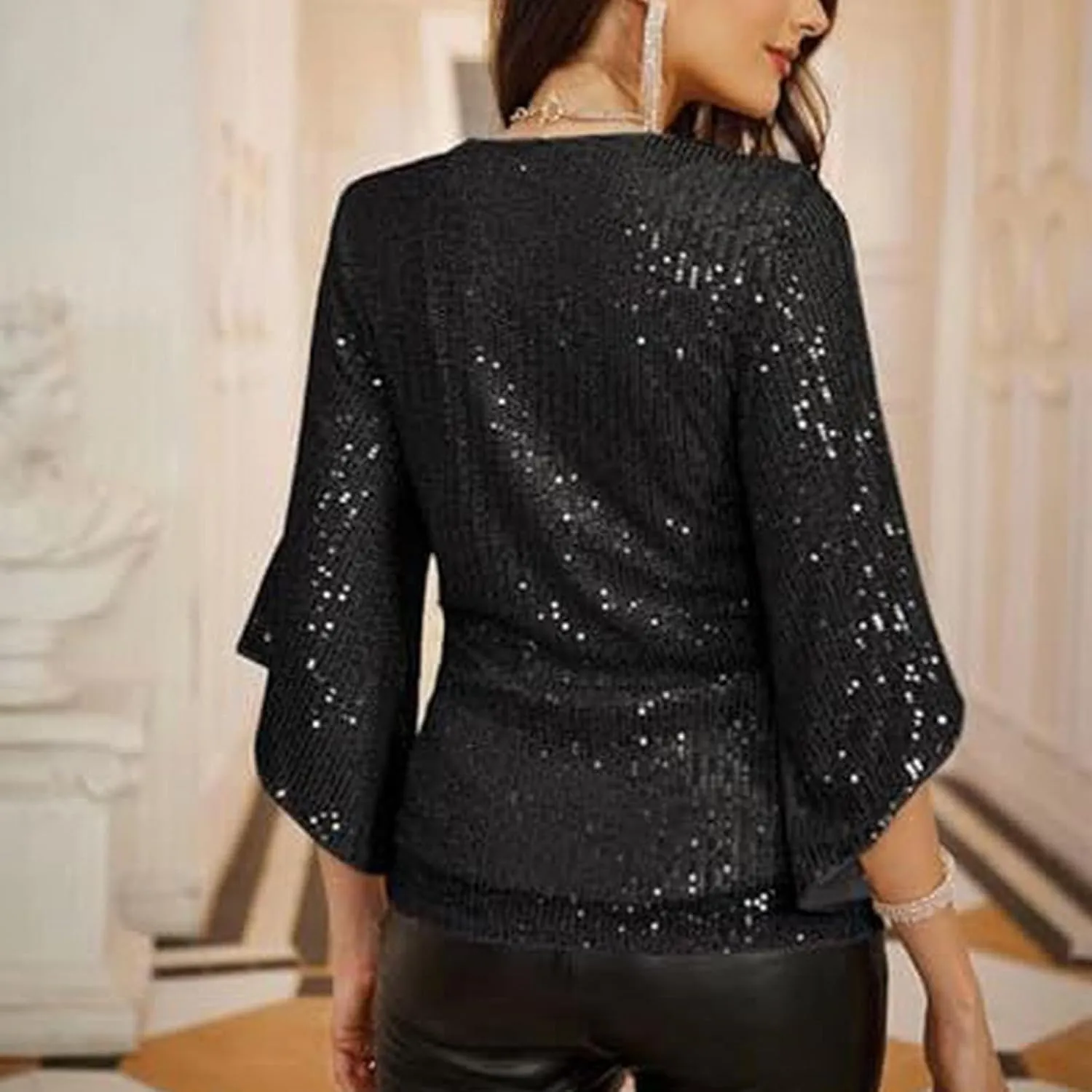 Miyaomn Women's Sequin Tops 3/4 Bell Sleeve Glitter Sparkly Party Blouse Ladies Elegant V-Neck Dressy Shirt for Evening Party