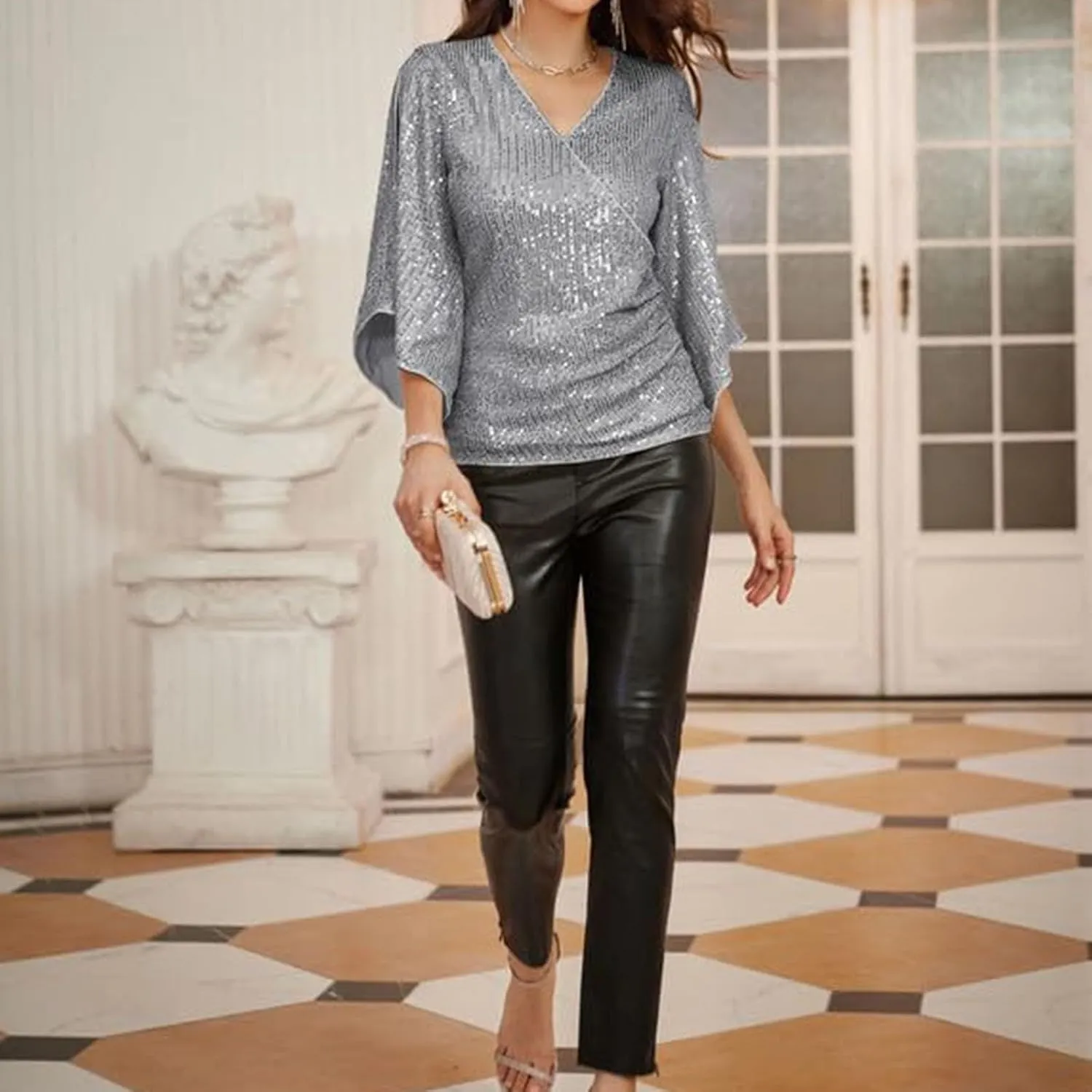 Miyaomn Women's Sequin Tops 3/4 Bell Sleeve Glitter Sparkly Party Blouse Ladies Elegant V-Neck Dressy Shirt for Evening Party