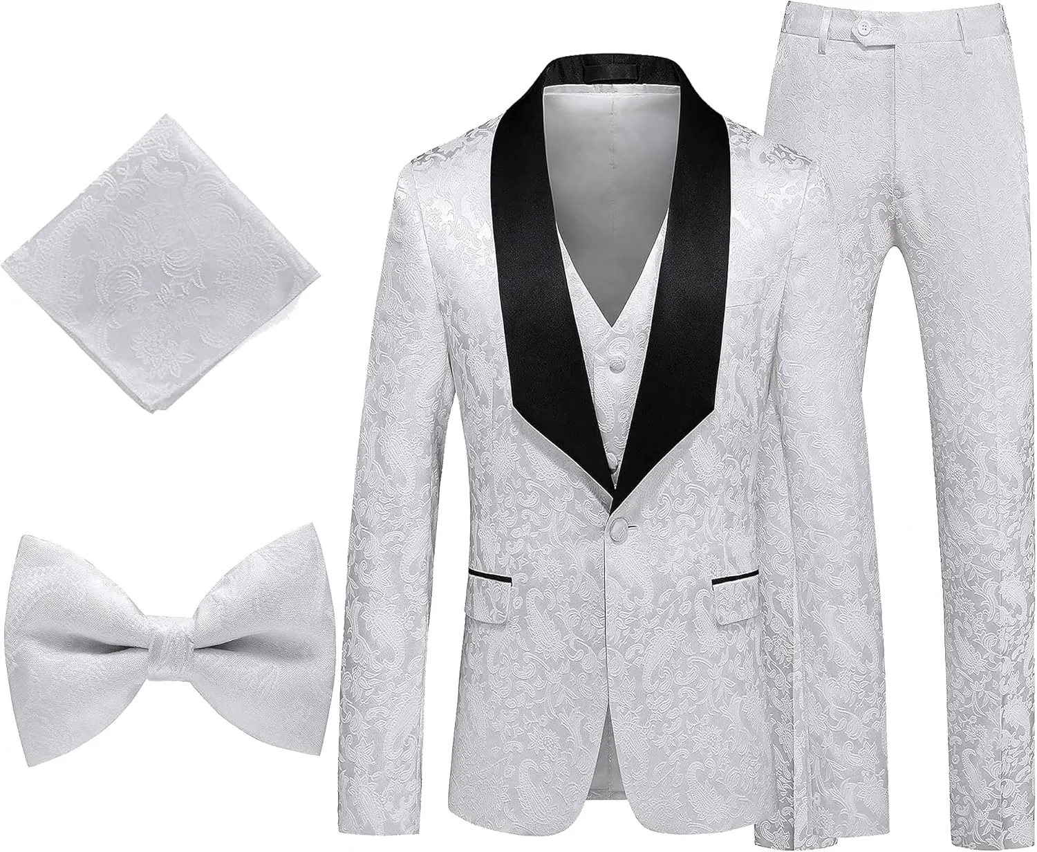 MOGU Mens 3 Piece Tuxedo Slim Fit Jacquard Floral Vintage Groomsmen Wedding Prom Suit