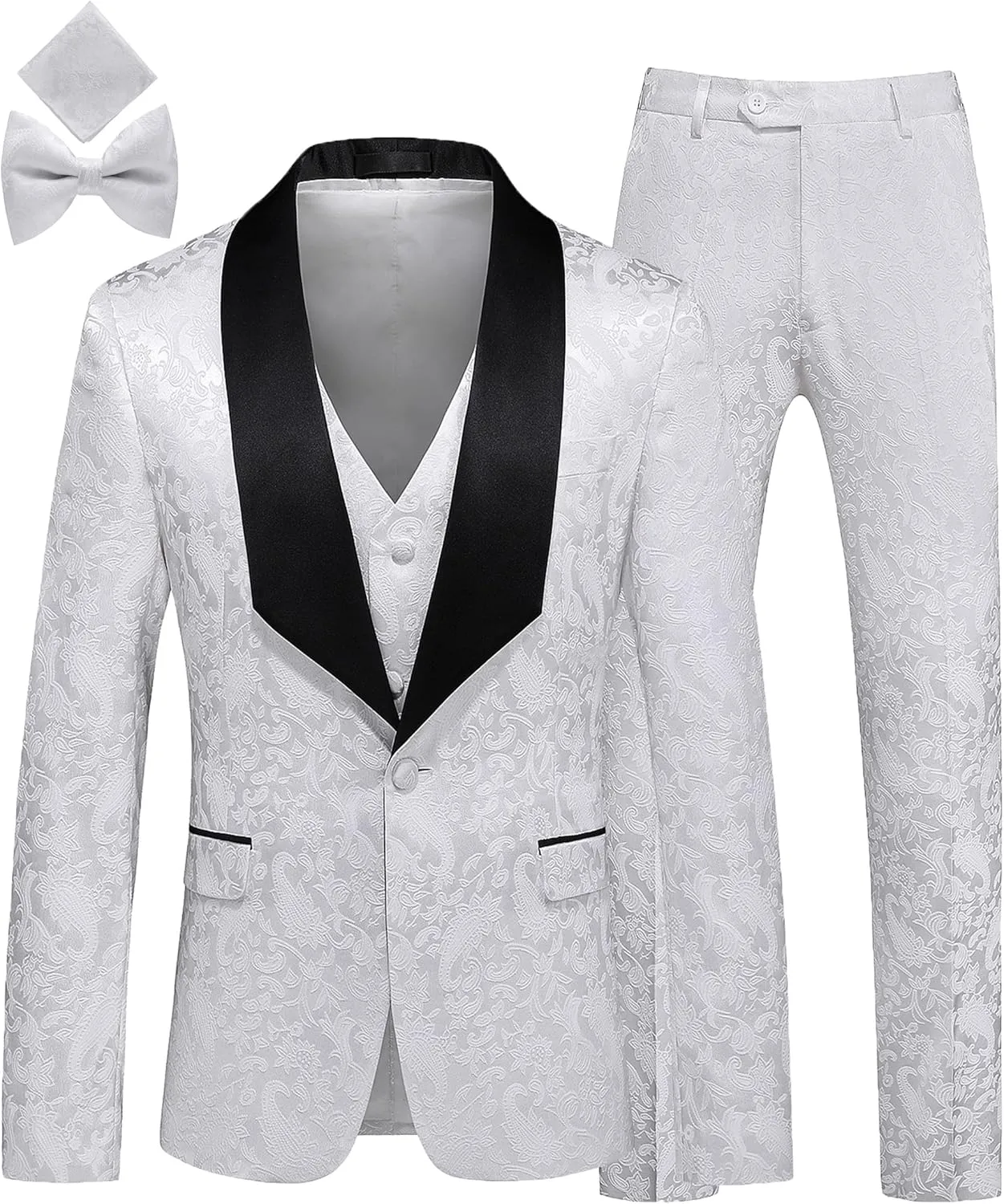 MOGU Mens 3 Piece Tuxedo Slim Fit Jacquard Floral Vintage Groomsmen Wedding Prom Suit