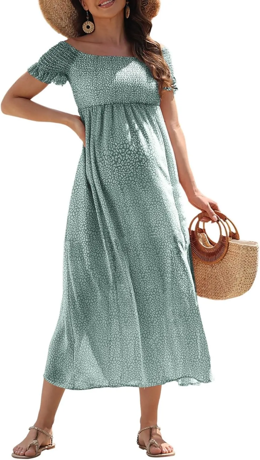 Off Shoulder Sleeve Maternity Dress, Floral Chiffon Smocked Summer Casual Split Dress for Baby Shower Photoshoot