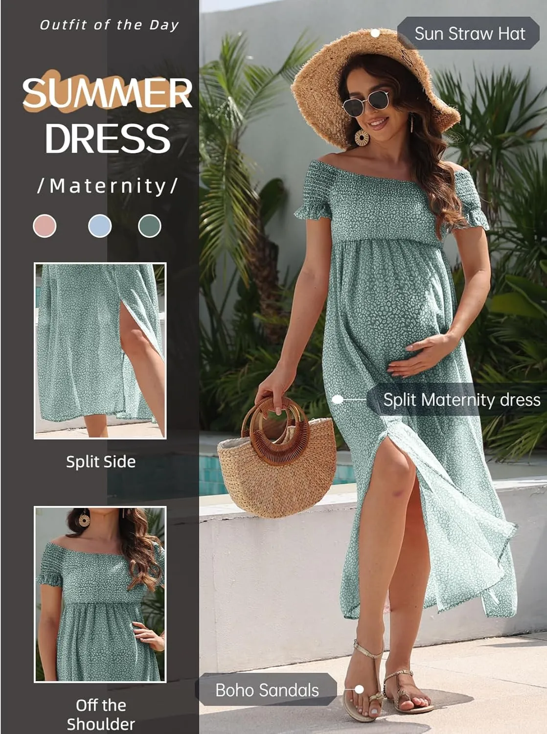 Off Shoulder Sleeve Maternity Dress, Floral Chiffon Smocked Summer Casual Split Dress for Baby Shower Photoshoot