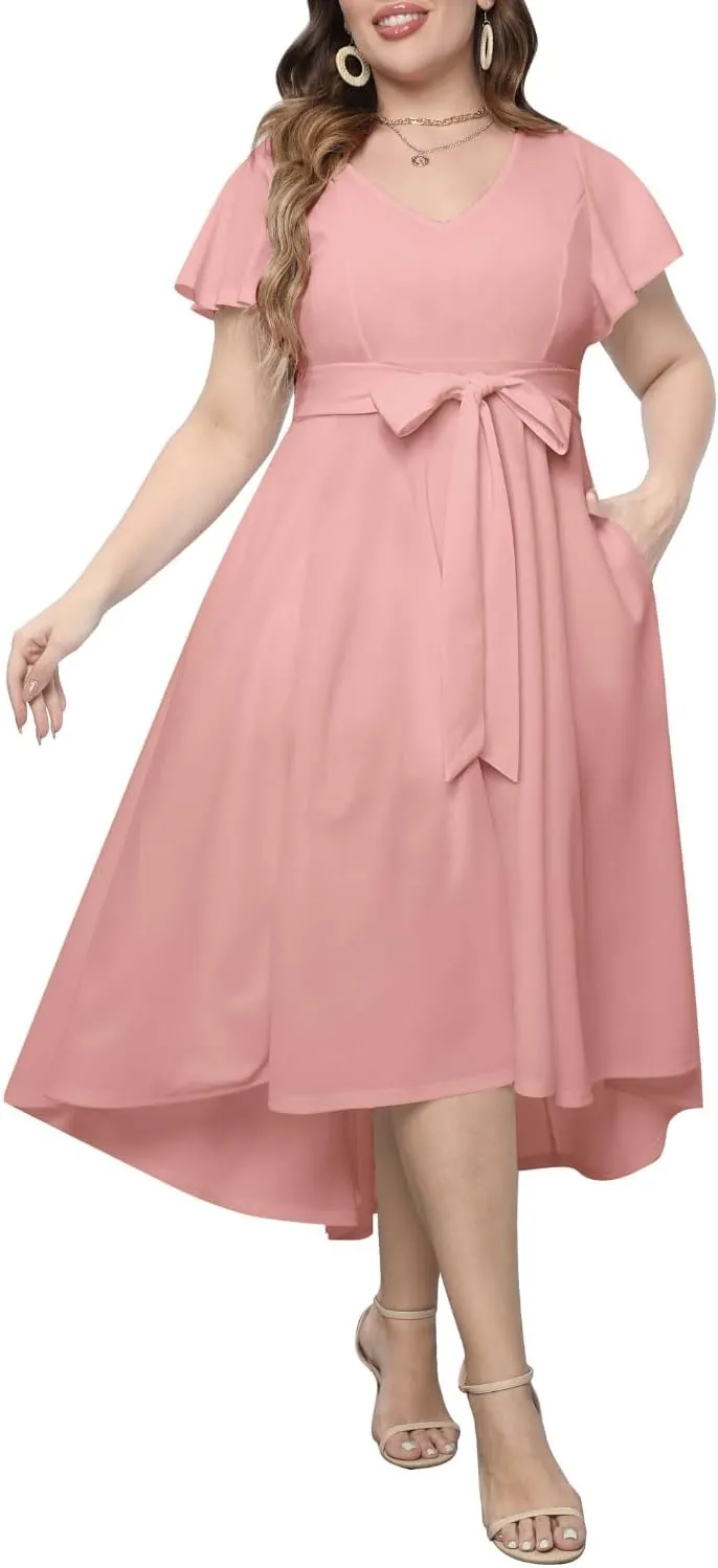 Pinup Fashion Plus Size Wedding Guest Dress Formal - Flutter Sleeve Cocktail Party High Low Dresses with Pockets