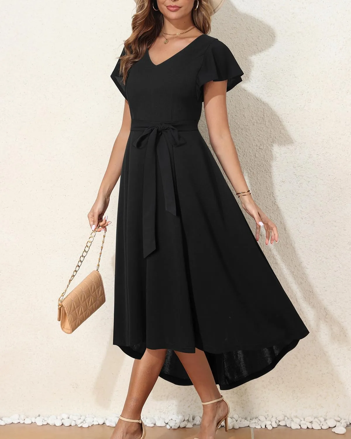 Pinup Fashion Plus Size Wedding Guest Dress Formal - Flutter Sleeve Cocktail Party High Low Dresses with Pockets
