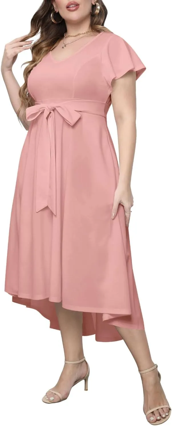 Pinup Fashion Plus Size Wedding Guest Dress Formal - Flutter Sleeve Cocktail Party High Low Dresses with Pockets