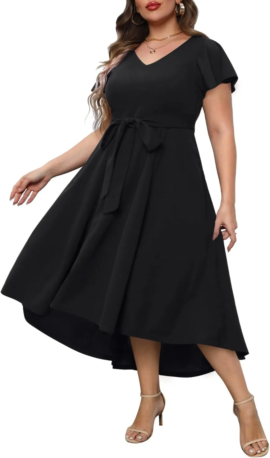 Pinup Fashion Plus Size Wedding Guest Dress Formal - Flutter Sleeve Cocktail Party High Low Dresses with Pockets