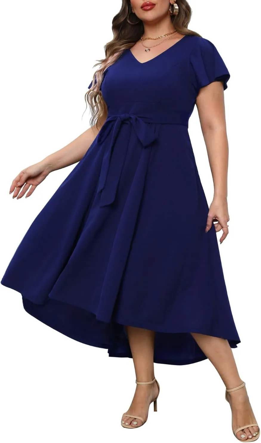 Pinup Fashion Plus Size Wedding Guest Dress Formal - Flutter Sleeve Cocktail Party High Low Dresses with Pockets