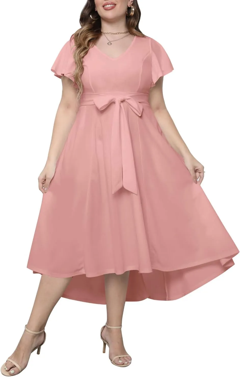 Pinup Fashion Plus Size Wedding Guest Dress Formal - Flutter Sleeve Cocktail Party High Low Dresses with Pockets