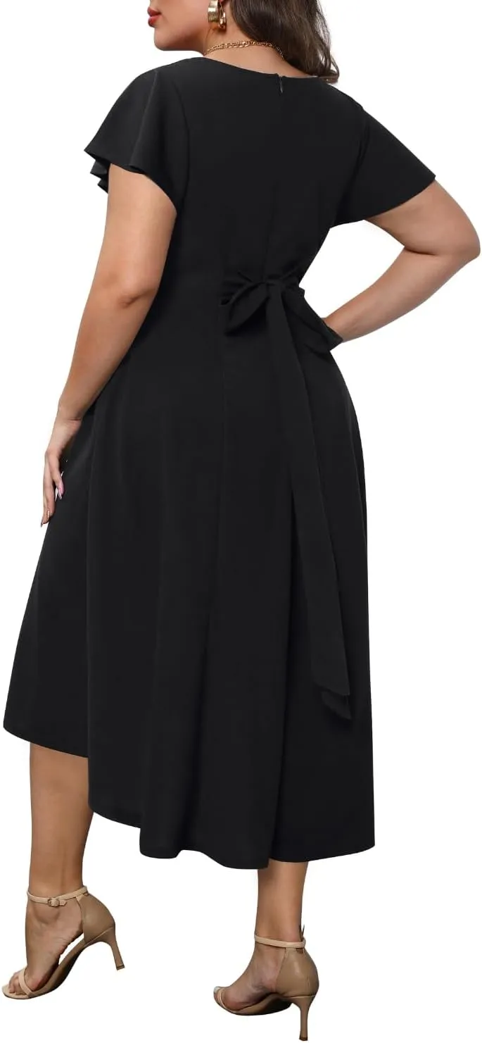 Pinup Fashion Plus Size Wedding Guest Dress Formal - Flutter Sleeve Cocktail Party High Low Dresses with Pockets