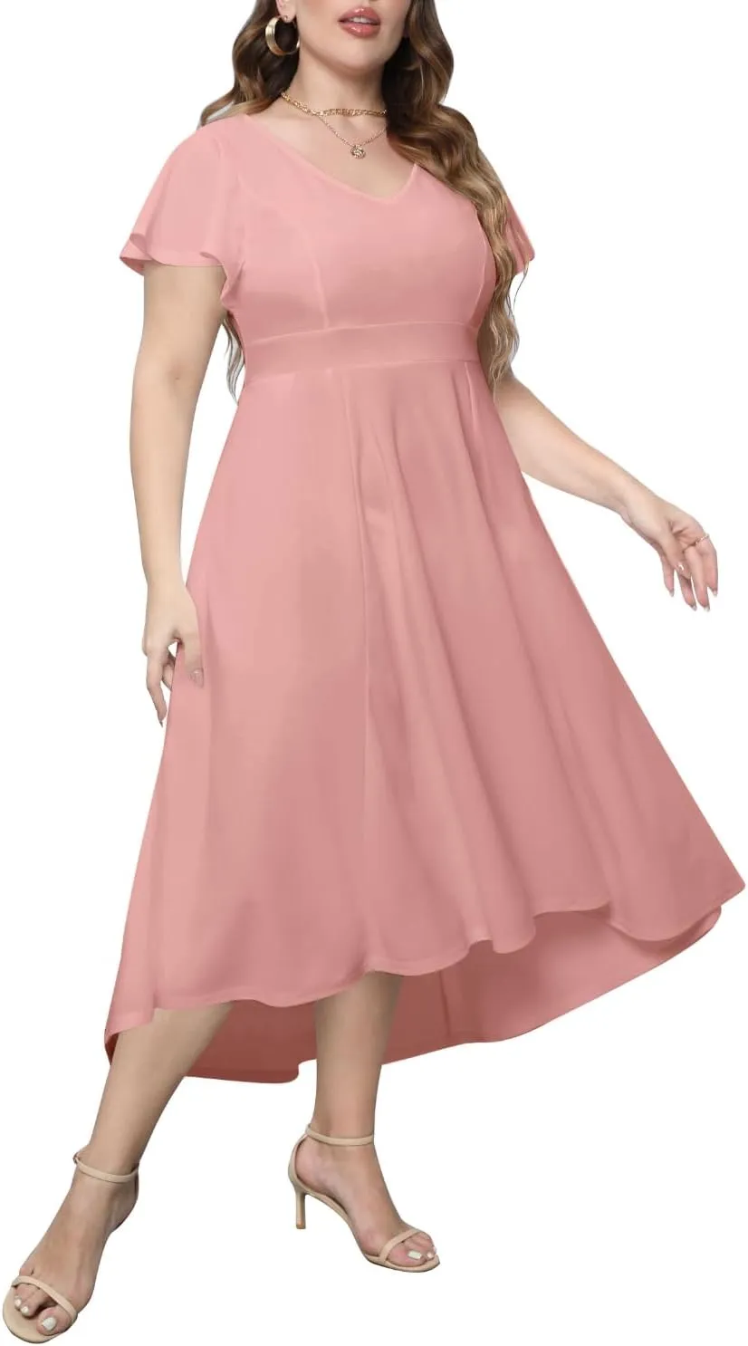 Pinup Fashion Plus Size Wedding Guest Dress Formal - Flutter Sleeve Cocktail Party High Low Dresses with Pockets
