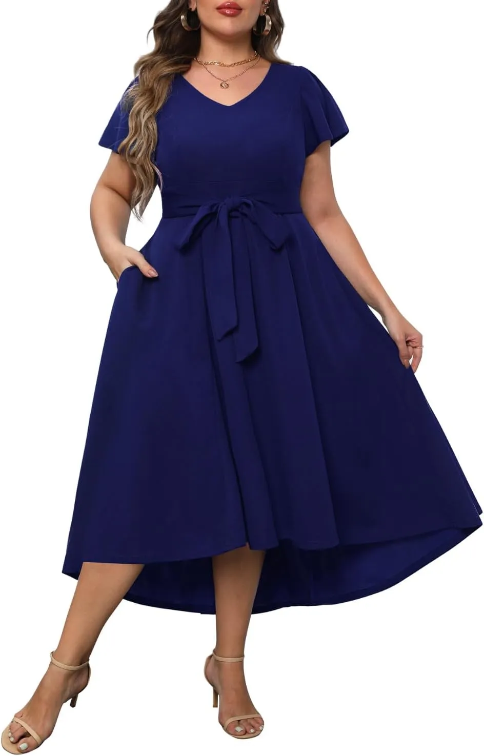Pinup Fashion Plus Size Wedding Guest Dress Formal - Flutter Sleeve Cocktail Party High Low Dresses with Pockets