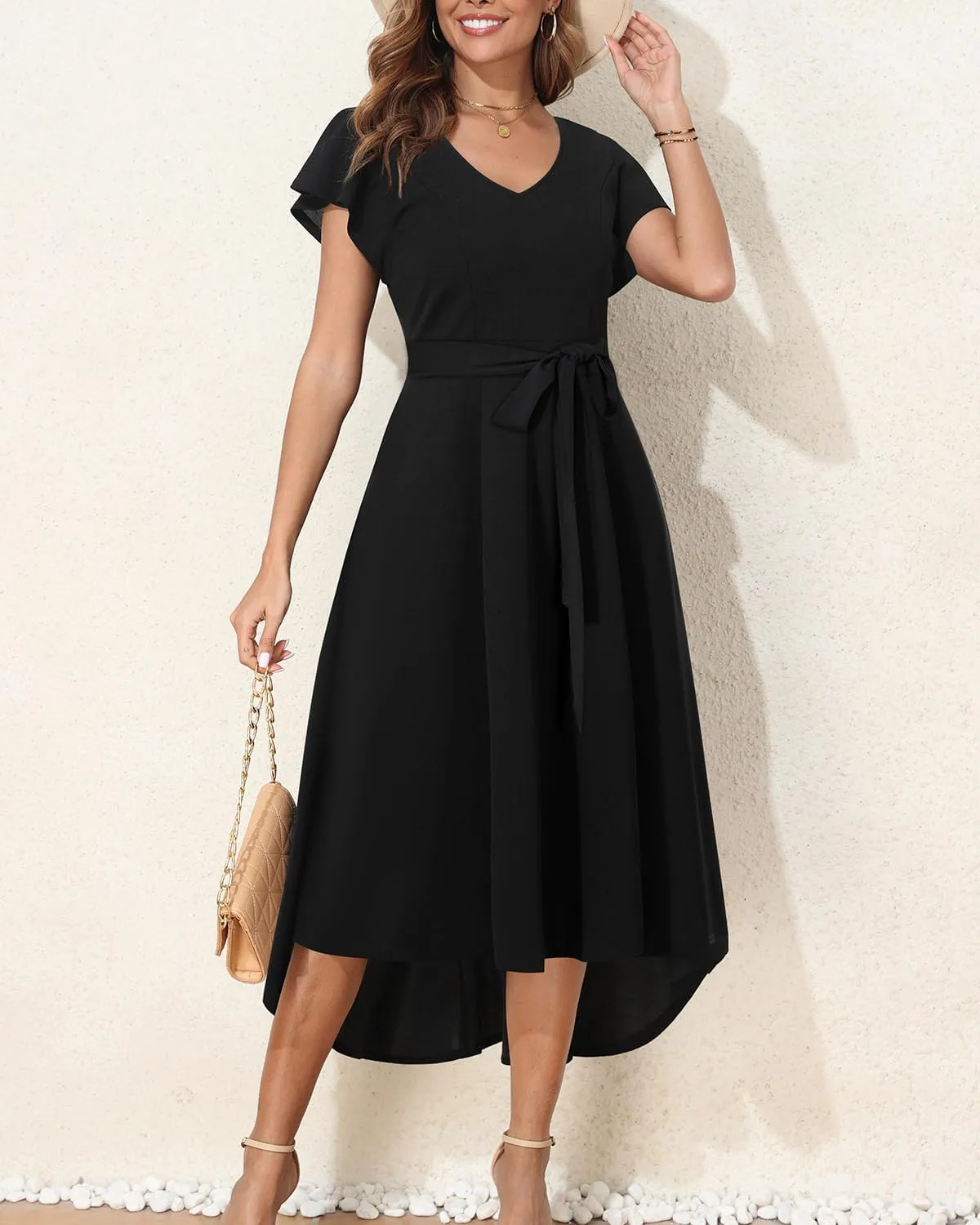 Pinup Fashion Plus Size Wedding Guest Dress Formal - Flutter Sleeve Cocktail Party High Low Dresses with Pockets