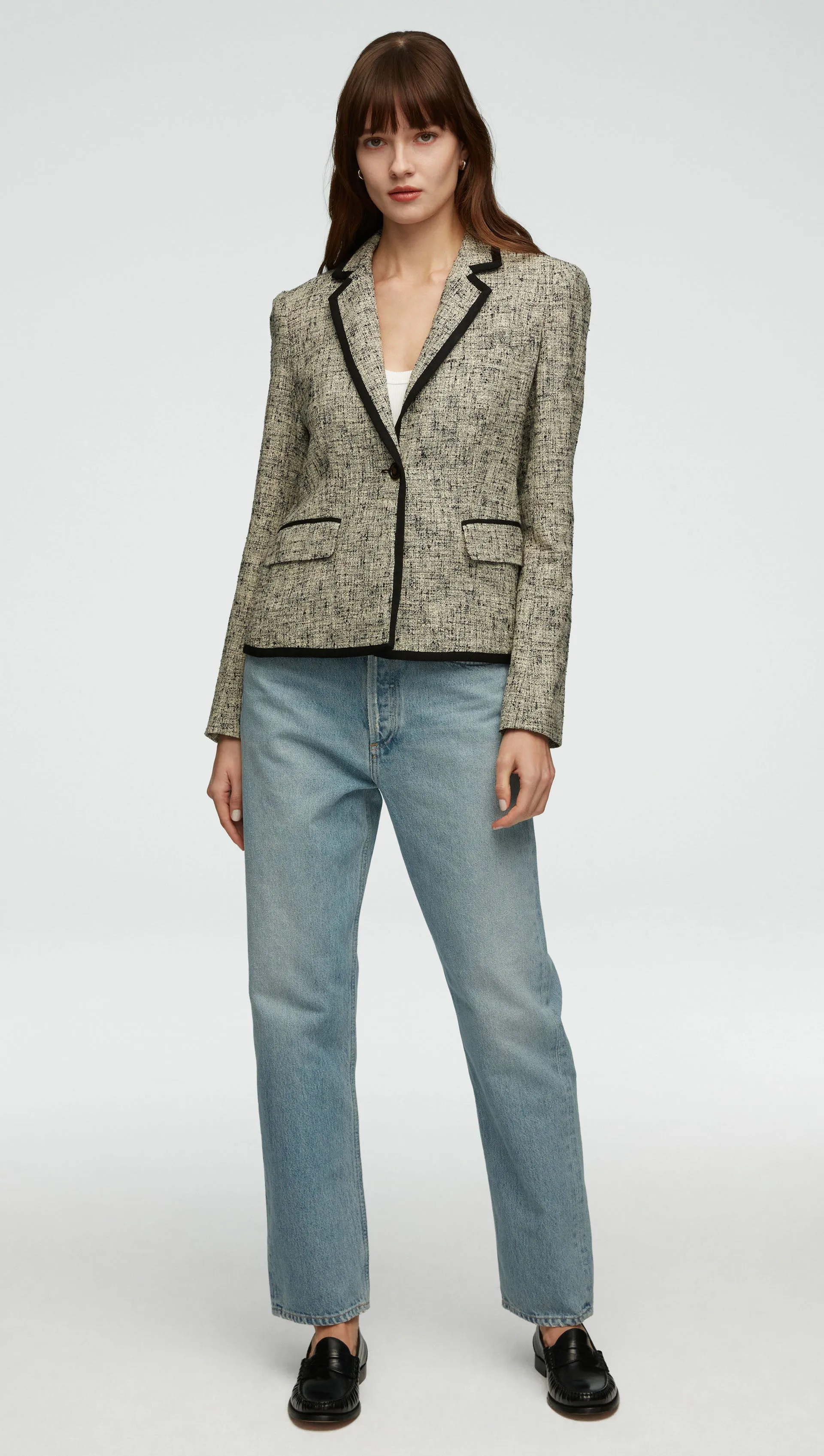 Piped Blazer in Spring Tweed | Ivory/Black Multi