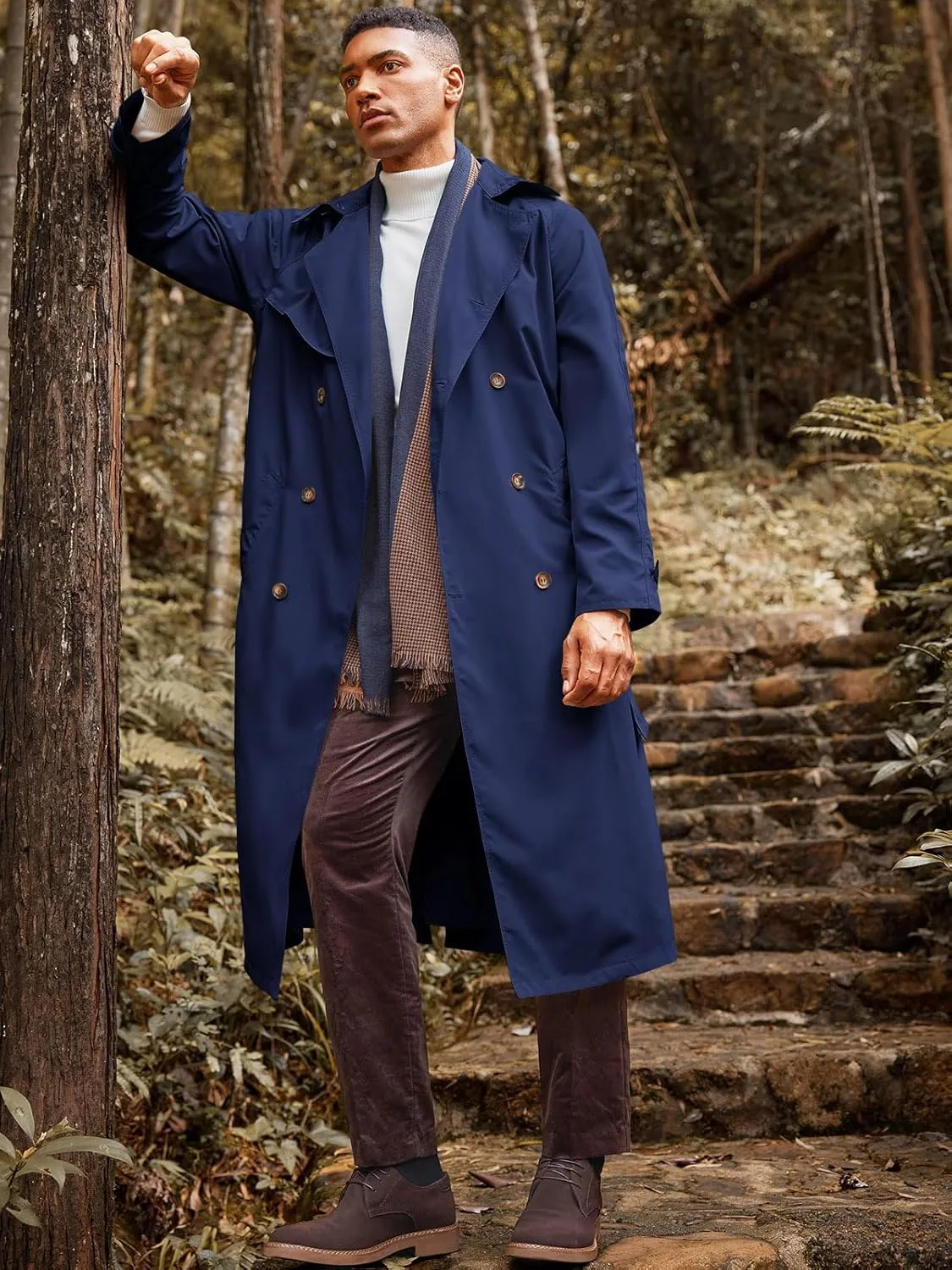 Runcati Mens Trench Coat Double Breasted Belted Windbreaker Jackets Lapel Lightweight Long Jacket Casual Overcoat