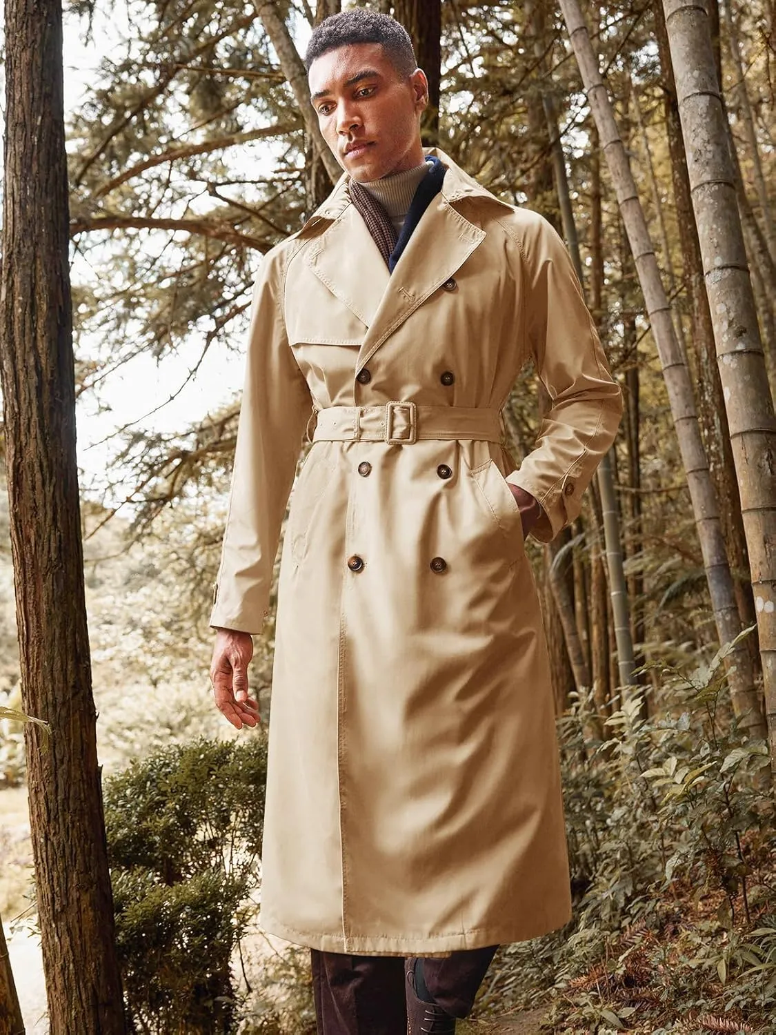 Runcati Mens Trench Coat Double Breasted Belted Windbreaker Jackets Lapel Lightweight Long Jacket Casual Overcoat
