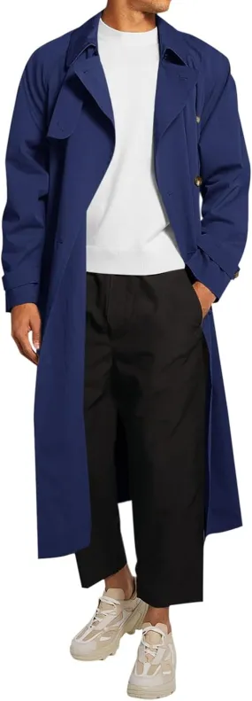 Runcati Mens Trench Coat Double Breasted Belted Windbreaker Jackets Lapel Lightweight Long Jacket Casual Overcoat