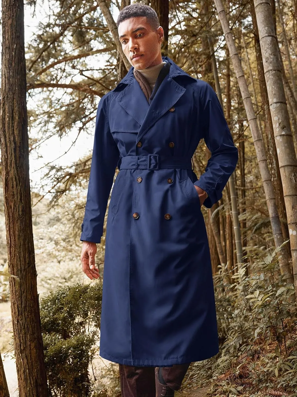Runcati Mens Trench Coat Double Breasted Belted Windbreaker Jackets Lapel Lightweight Long Jacket Casual Overcoat