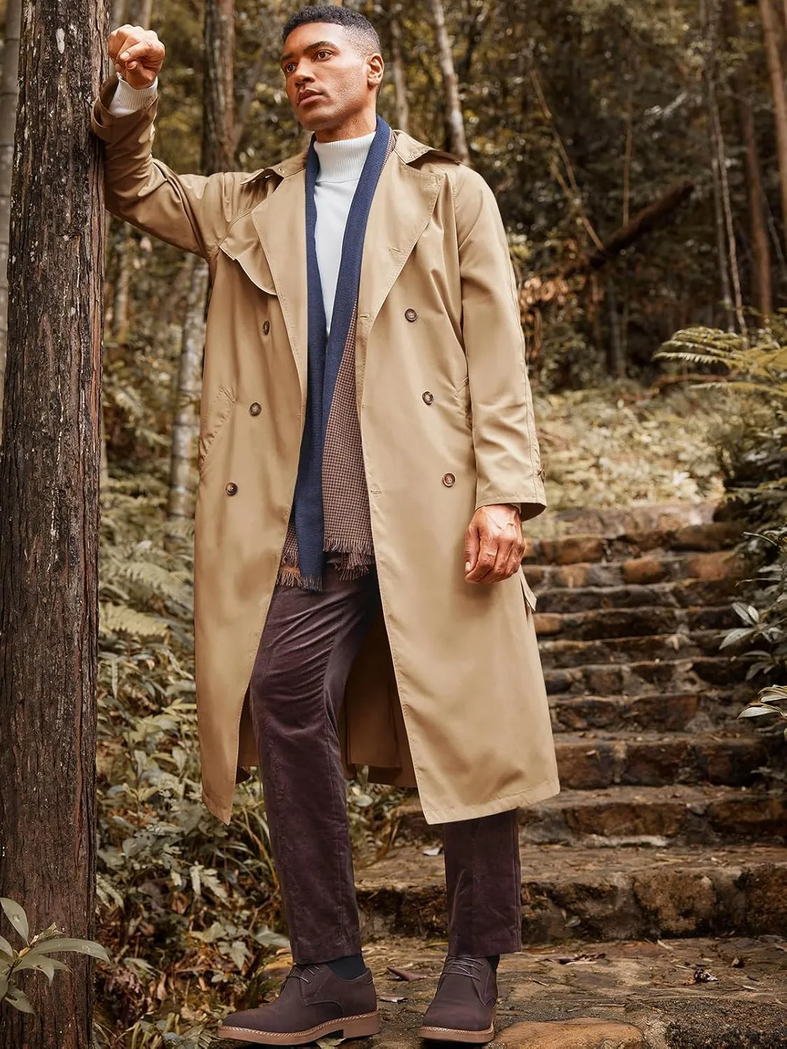 Runcati Mens Trench Coat Double Breasted Belted Windbreaker Jackets Lapel Lightweight Long Jacket Casual Overcoat