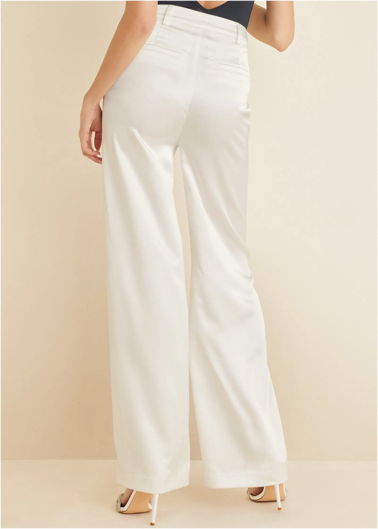 Shiny Satin Wide Leg Pants - Off White