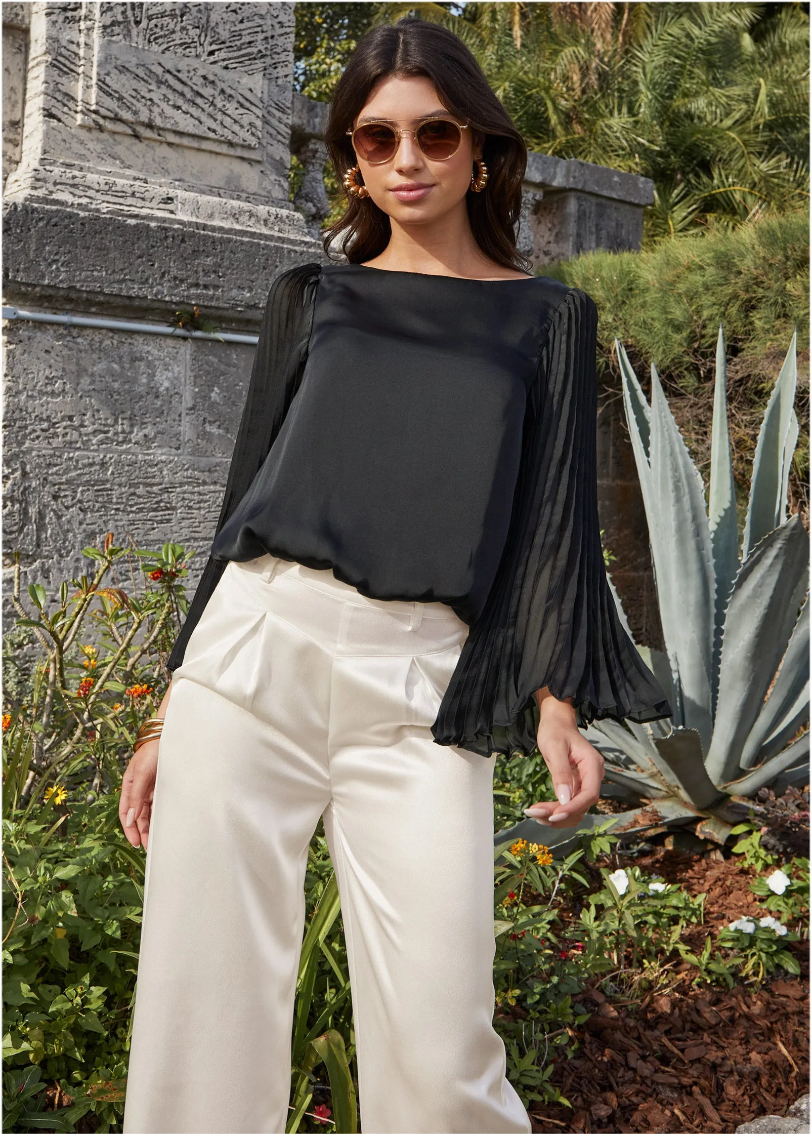 Shiny Satin Wide Leg Pants - Off White
