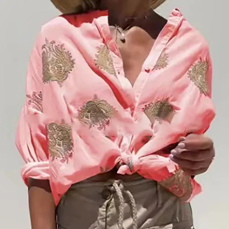UAKISS  -  2024 Autumn Pattern Printed Loose Shirts New Casual Single Breasted Bohemian Tops Elegant Long Sleeve Commuter Women's Blouses