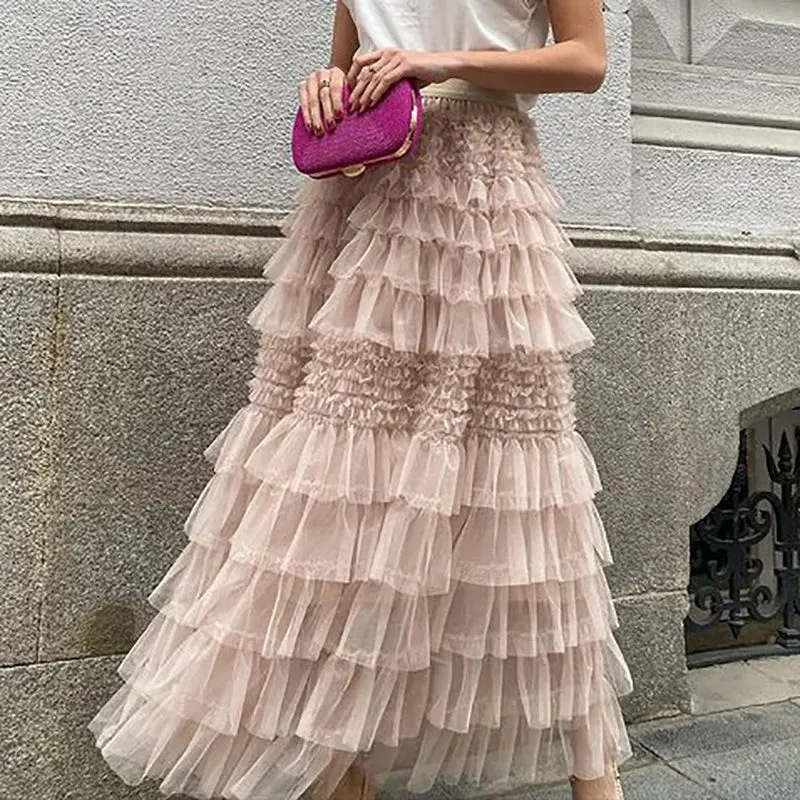 UAKISS  -  Vintage Women Solid Mesh Patchwork Long Skirts Bohemian Lady Causal High Waist Hollow Out Female Maxi Skirts Spring Summer 2024