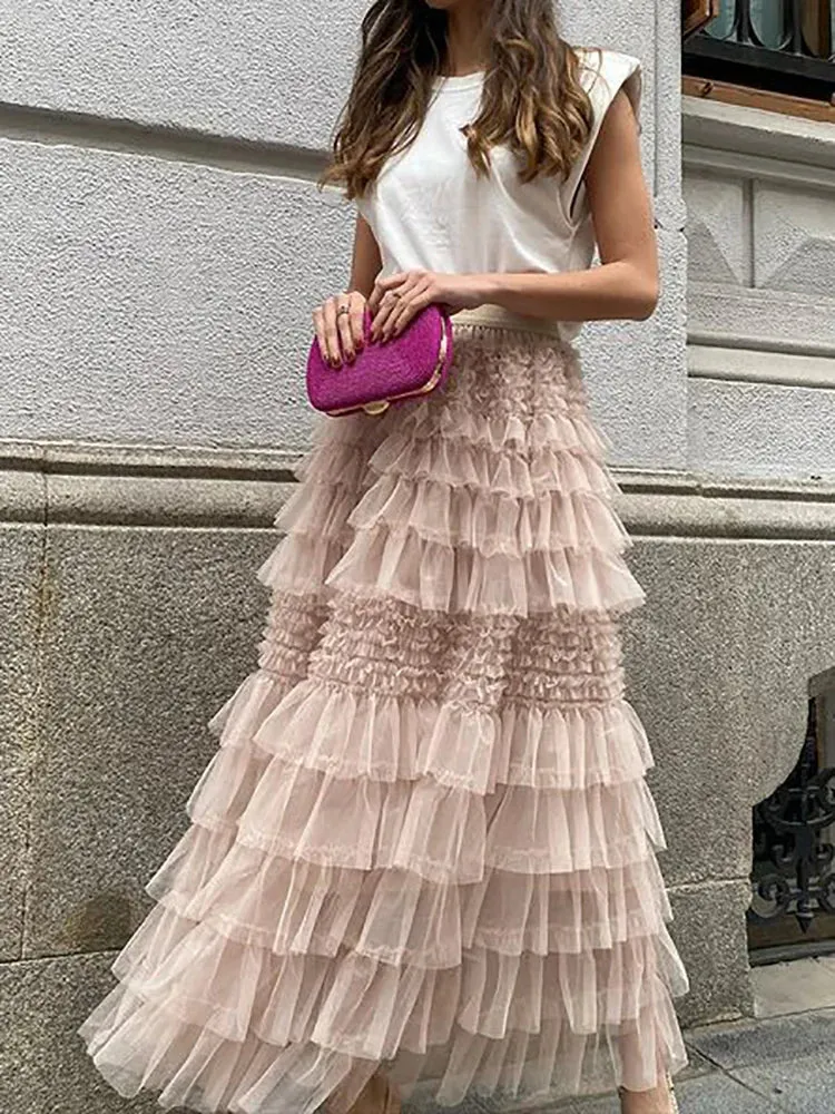 UAKISS  -  Vintage Women Solid Mesh Patchwork Long Skirts Bohemian Lady Causal High Waist Hollow Out Female Maxi Skirts Spring Summer 2024