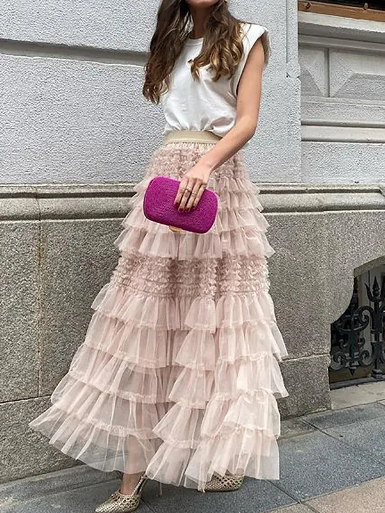 UAKISS  -  Vintage Women Solid Mesh Patchwork Long Skirts Bohemian Lady Causal High Waist Hollow Out Female Maxi Skirts Spring Summer 2024