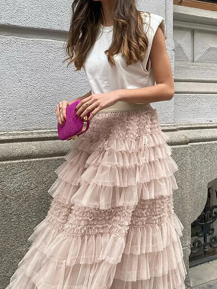 UAKISS  -  Vintage Women Solid Mesh Patchwork Long Skirts Bohemian Lady Causal High Waist Hollow Out Female Maxi Skirts Spring Summer 2024