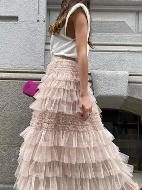 UAKISS  -  Vintage Women Solid Mesh Patchwork Long Skirts Bohemian Lady Causal High Waist Hollow Out Female Maxi Skirts Spring Summer 2024