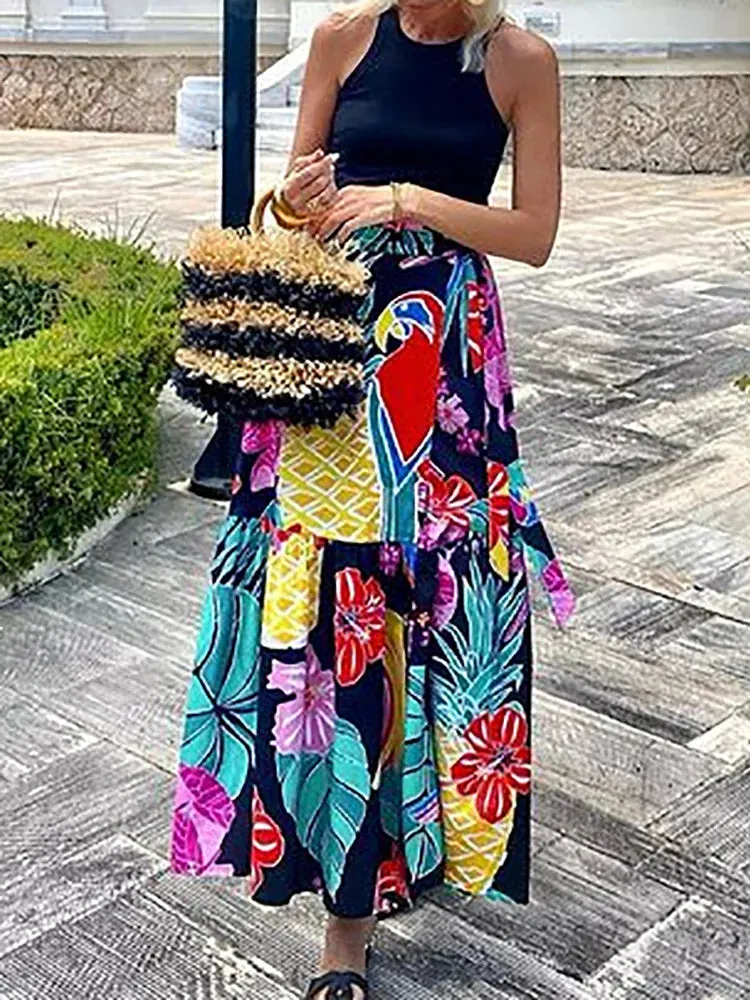 UAKISS  -  Women Spring Summer Fashion Maxi Skirts, Loungewear Printed All Match Holiday Skirts, Elastic Waist Patchwork Lacing Lady Skirts