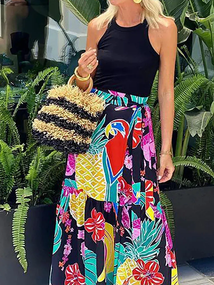 UAKISS  -  Women Spring Summer Fashion Maxi Skirts, Loungewear Printed All Match Holiday Skirts, Elastic Waist Patchwork Lacing Lady Skirts