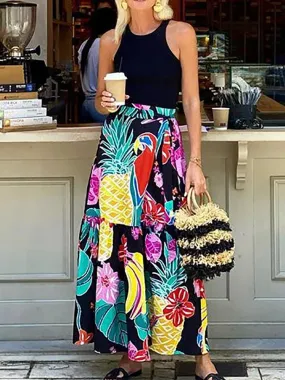 UAKISS  -  Women Spring Summer Fashion Maxi Skirts, Loungewear Printed All Match Holiday Skirts, Elastic Waist Patchwork Lacing Lady Skirts