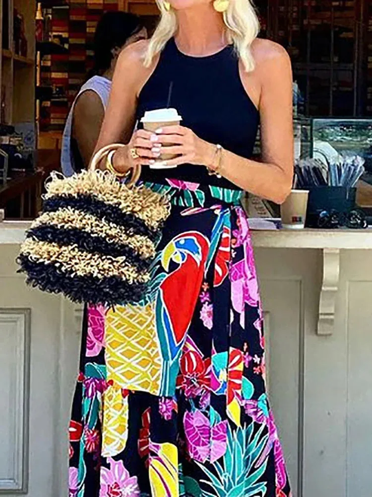 UAKISS  -  Women Spring Summer Fashion Maxi Skirts, Loungewear Printed All Match Holiday Skirts, Elastic Waist Patchwork Lacing Lady Skirts
