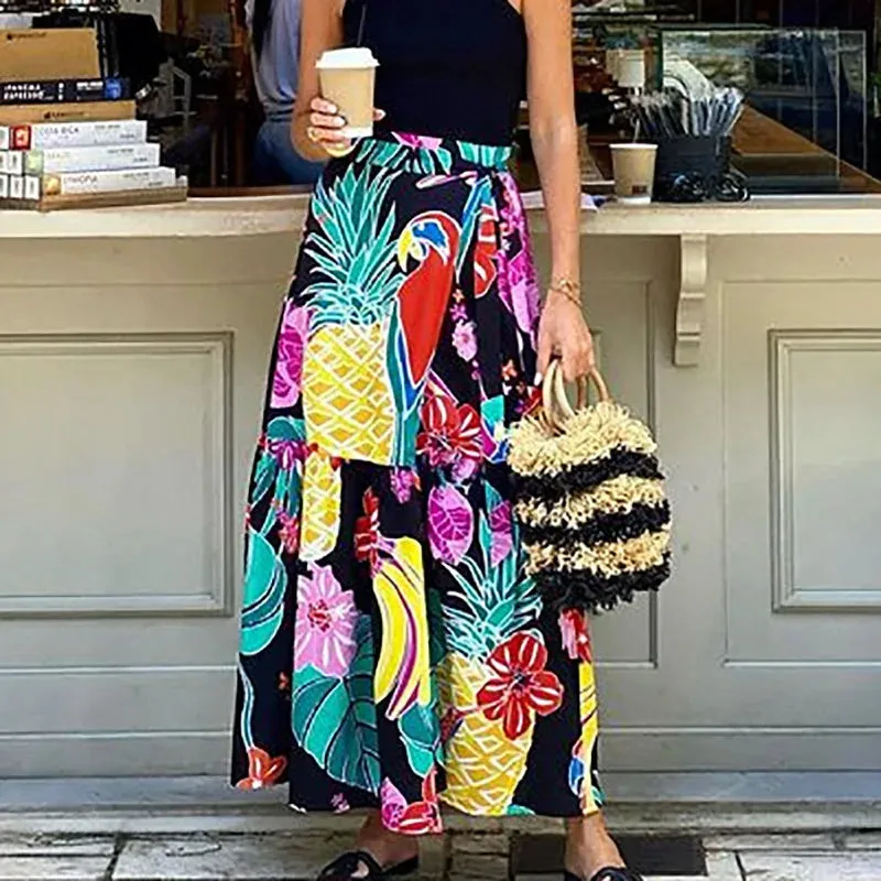 UAKISS  -  Women Spring Summer Fashion Maxi Skirts, Loungewear Printed All Match Holiday Skirts, Elastic Waist Patchwork Lacing Lady Skirts