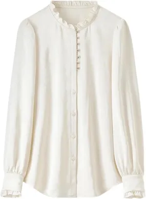 Women Elegant Jacquard Shirts Chiffon Ruffles Sleeve Buttons Blouses Casual Office Lady Top