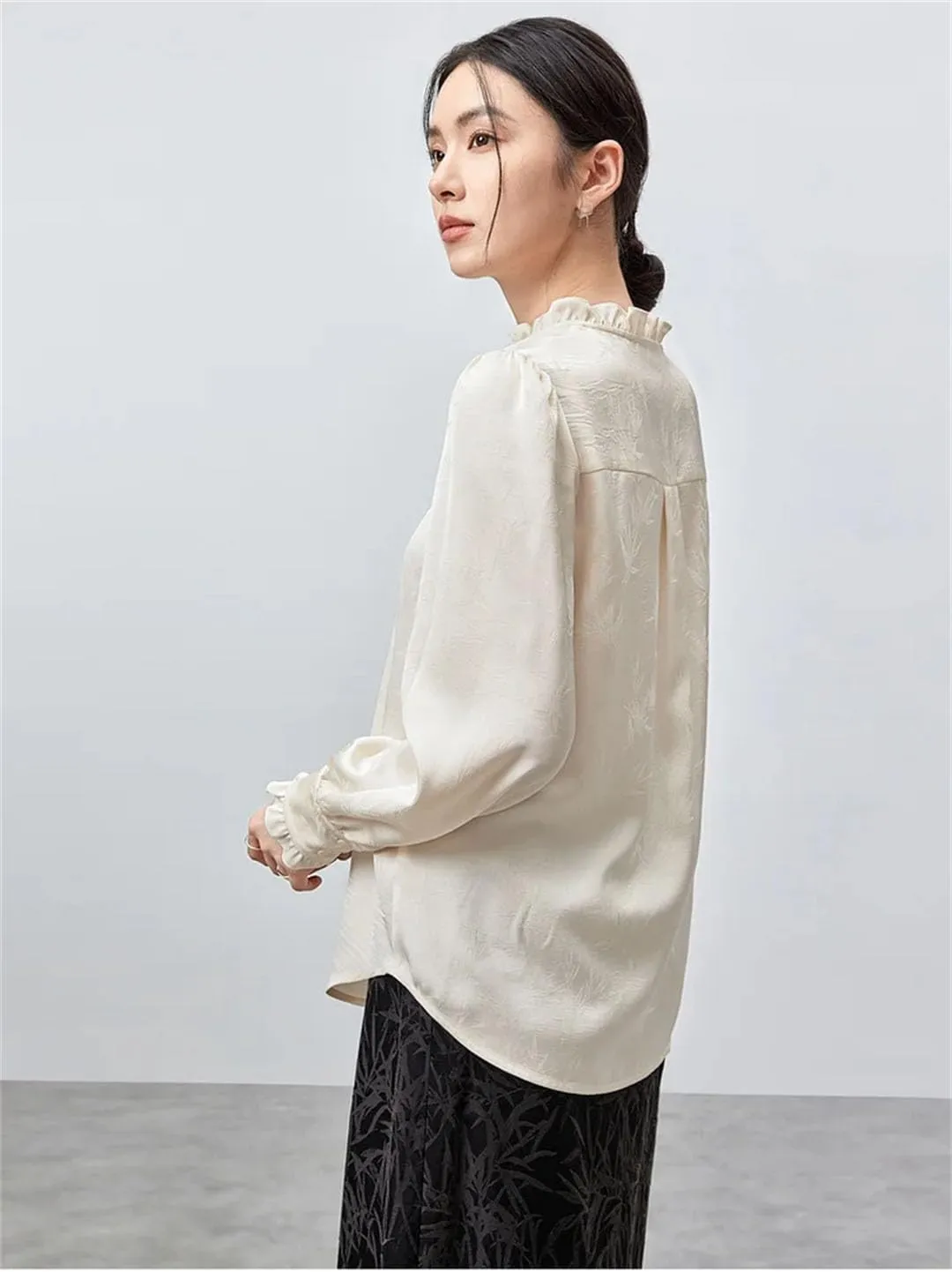 Women Elegant Jacquard Shirts Chiffon Ruffles Sleeve Buttons Blouses Casual Office Lady Top