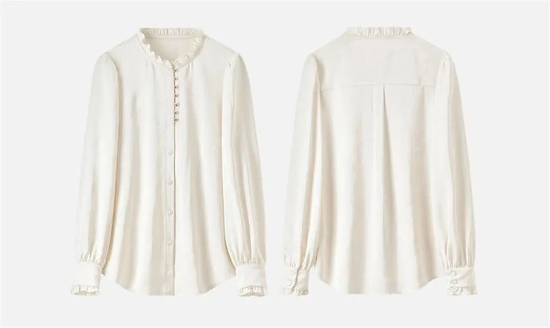 Women Elegant Jacquard Shirts Chiffon Ruffles Sleeve Buttons Blouses Casual Office Lady Top