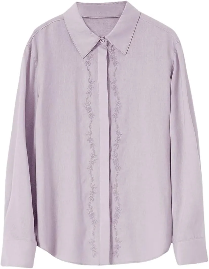 Women Embroidery Irregular-Hem Blouses Linen Blend Elegant Shirt Long Sleeve Lapel Casual Top