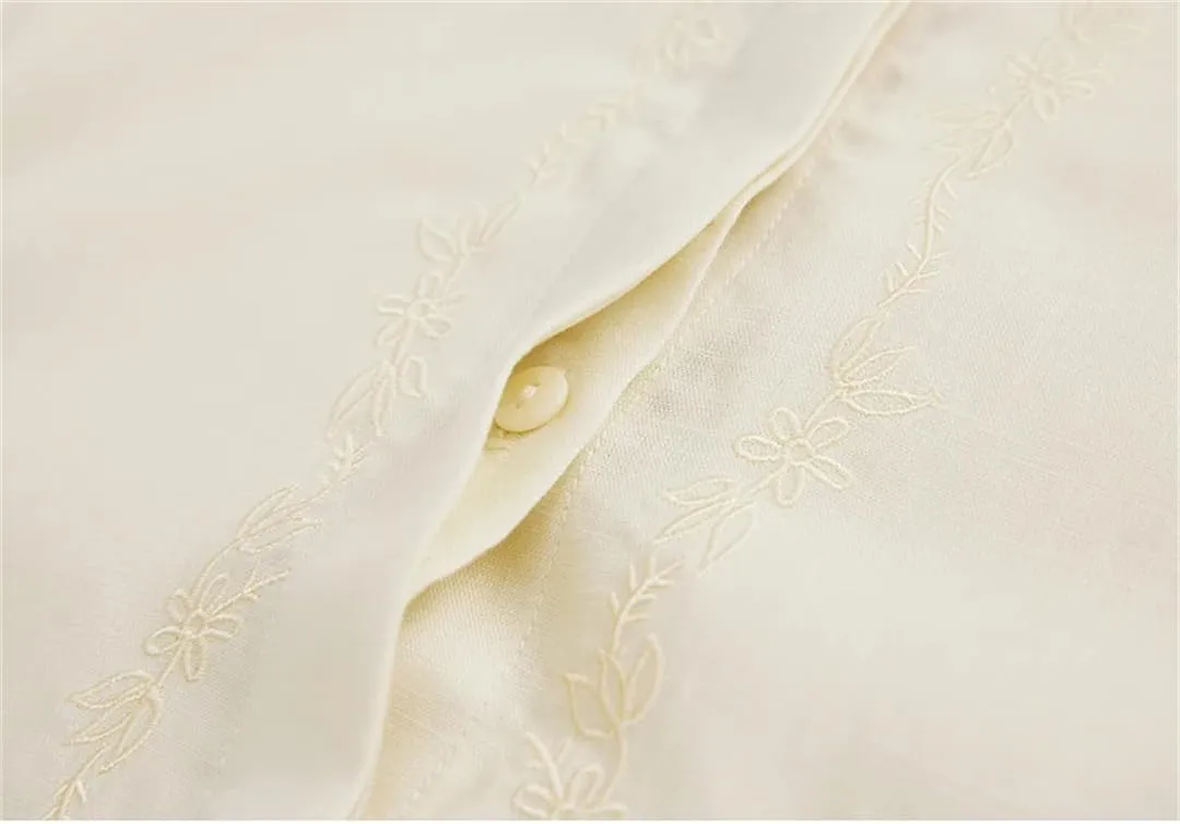 Women Embroidery Irregular-Hem Blouses Linen Blend Elegant Shirt Long Sleeve Lapel Casual Top