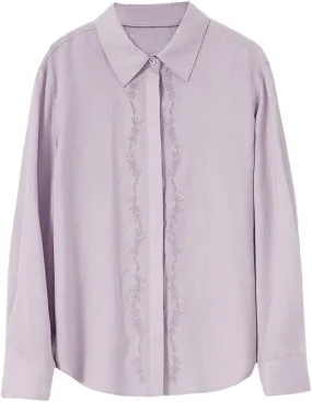 Women Embroidery Irregular-Hem Blouses Linen Blend Elegant Shirt Long Sleeve Lapel Casual Top