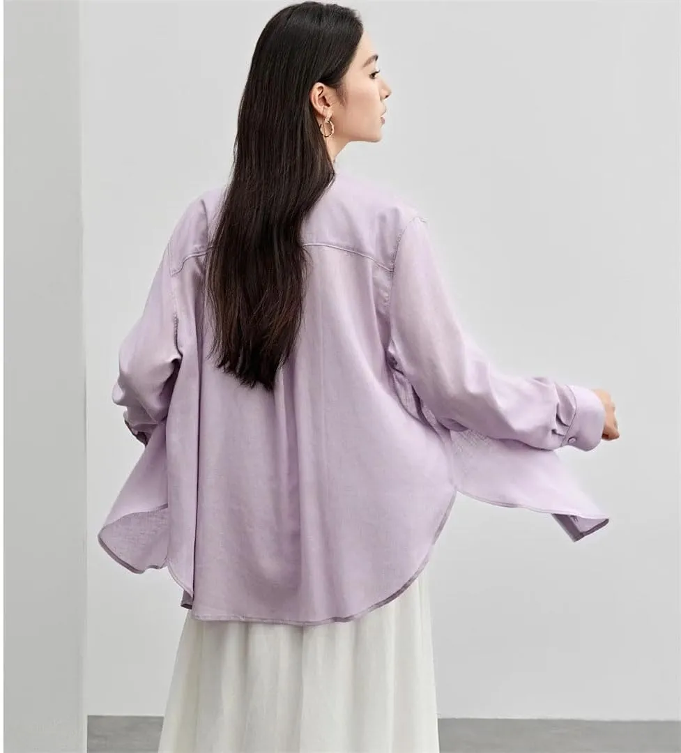 Women Embroidery Irregular-Hem Blouses Linen Blend Elegant Shirt Long Sleeve Lapel Casual Top