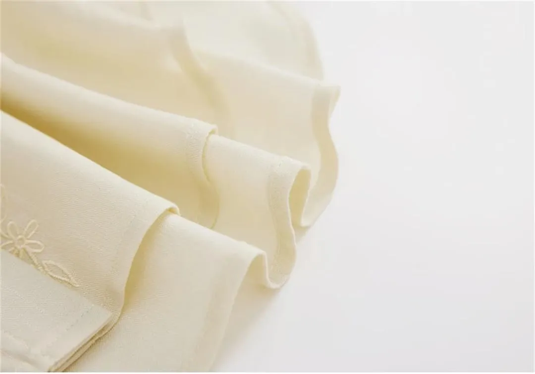 Women Embroidery Irregular-Hem Blouses Linen Blend Elegant Shirt Long Sleeve Lapel Casual Top