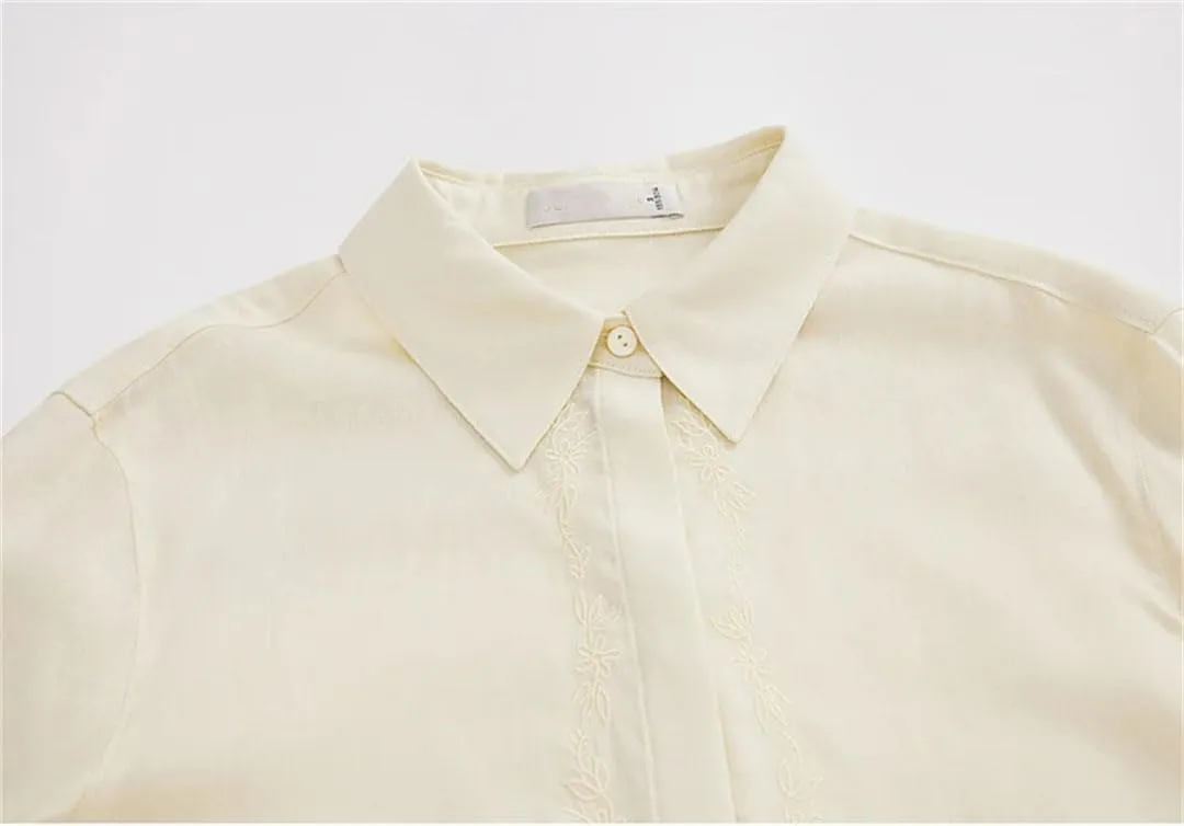 Women Embroidery Irregular-Hem Blouses Linen Blend Elegant Shirt Long Sleeve Lapel Casual Top