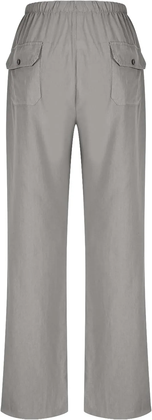 Women Linen Pants Wide Leg Straight Leg Slacks Casual Summer Pants Running Work Trousers with Pockets for Daily