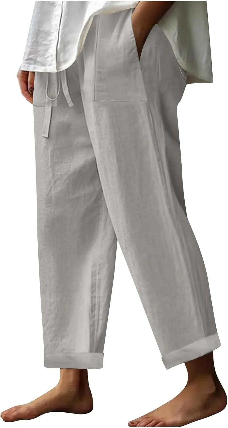 Women Linen Pants Wide Leg Straight Leg Slacks Casual Summer Pants Running Work Trousers with Pockets for Daily