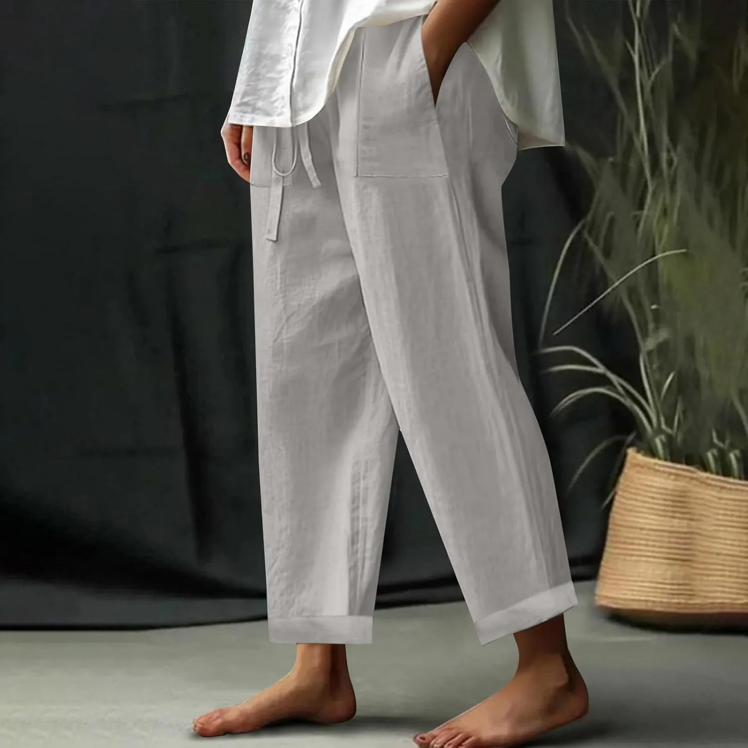 Women Linen Pants Wide Leg Straight Leg Slacks Casual Summer Pants Running Work Trousers with Pockets for Daily